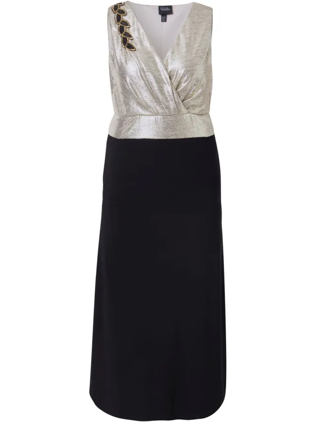 Ulla Popken Dames - Maxi-jurk glitter borduursel V-hals mouwloos - Goud - Maat 58+