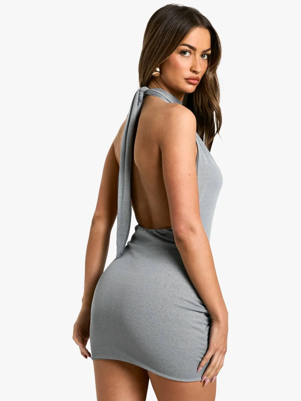 boohoo Dames Mini-jurk met textuurgaas, geraffineerde hals en taille met strik houtskool, foto 2