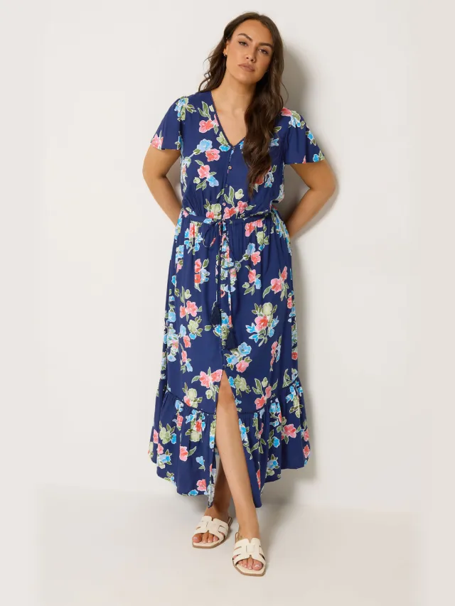 Yours Blauwe Jurk Met Bloemenprint En Mouwen Blue