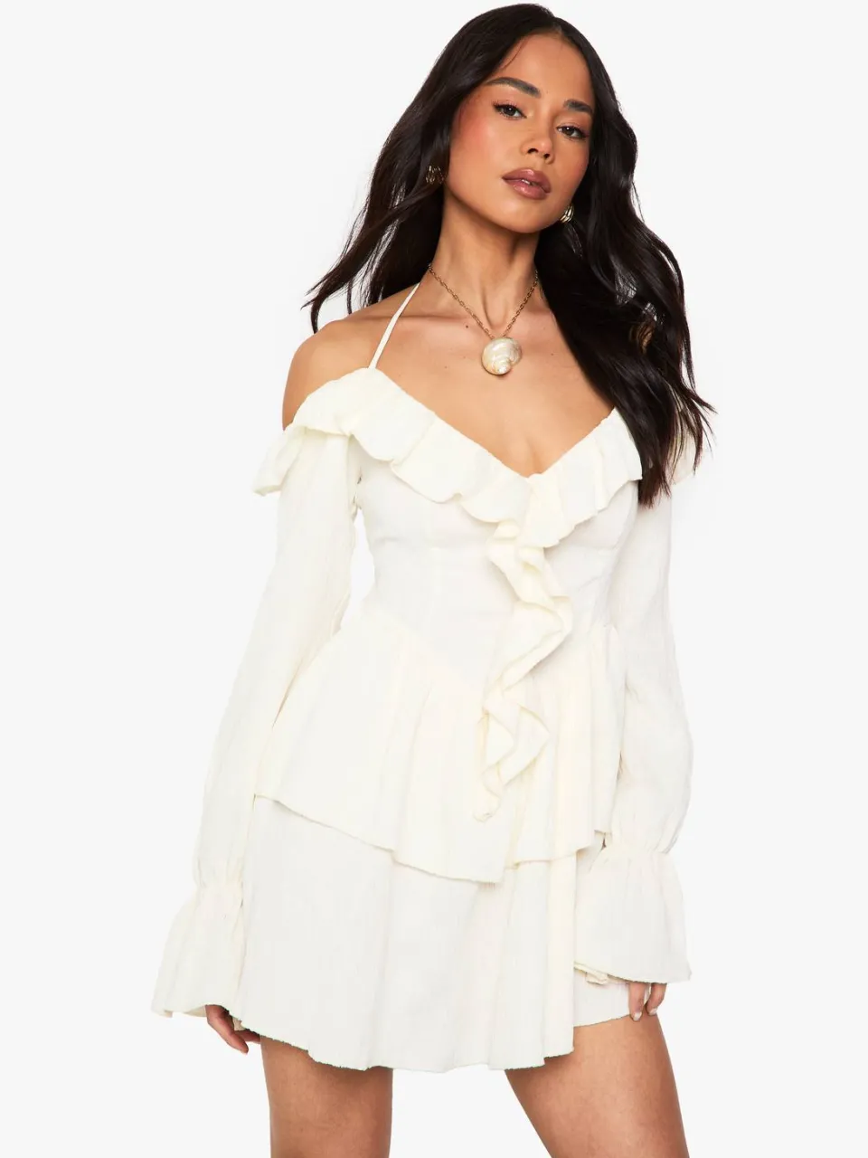 boohoo Dames Crinkle Ruffle Laagjes Mini Jurk crème, foto 3