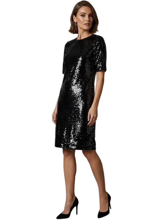 Boss Polyester shiftjurk met pailletten voor dames (Zwarte afdruk)