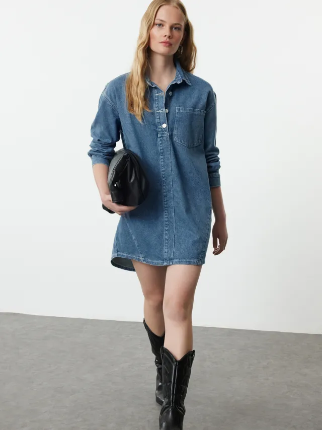 Trendyol TRENDYOLMİLLA Dames Blauw Effen Kort / Mini Lang Casual Recht Jurken