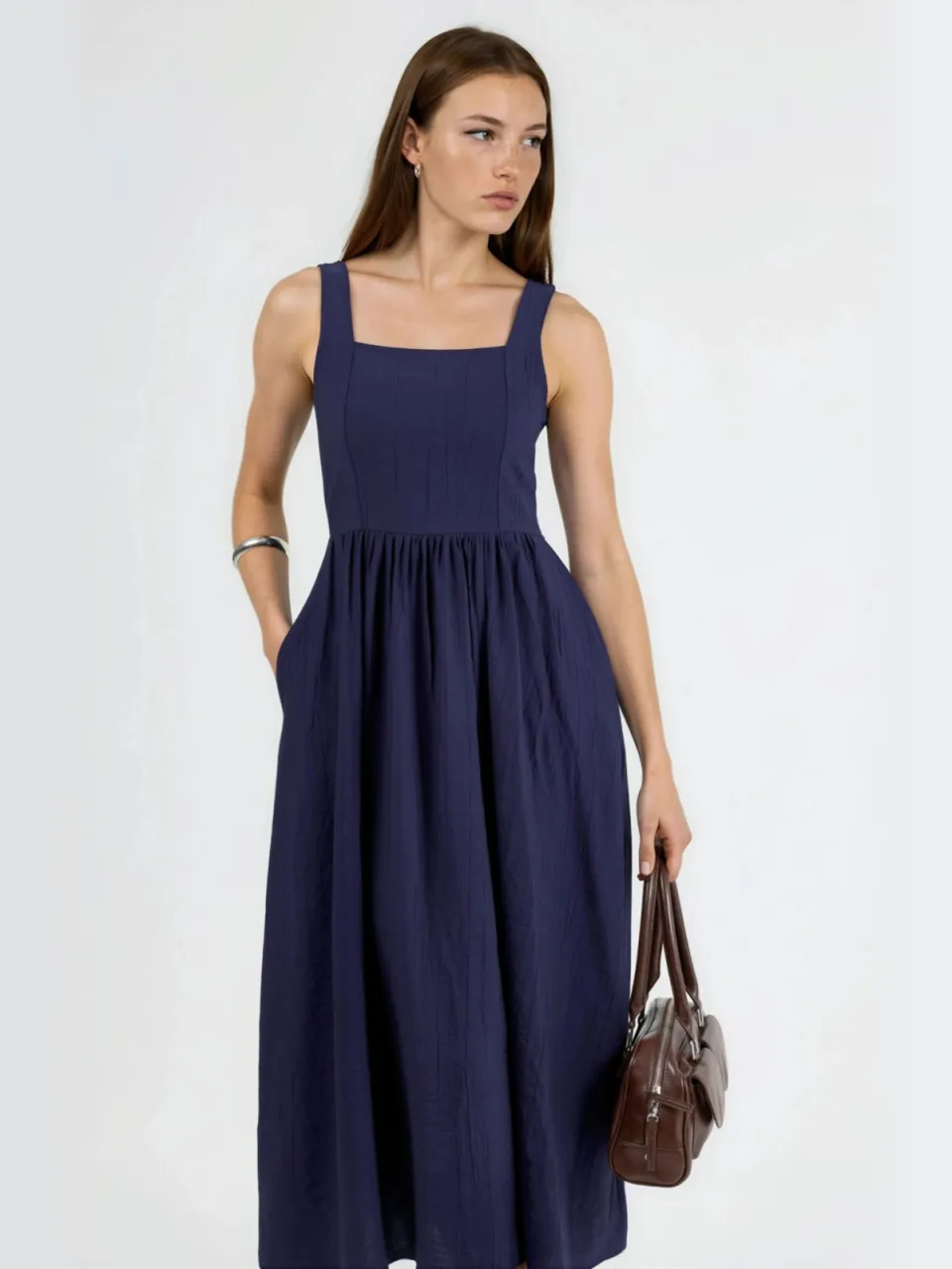 Busem Effen Midi Jurk met Vierkante Kraag marineblauw, foto 2