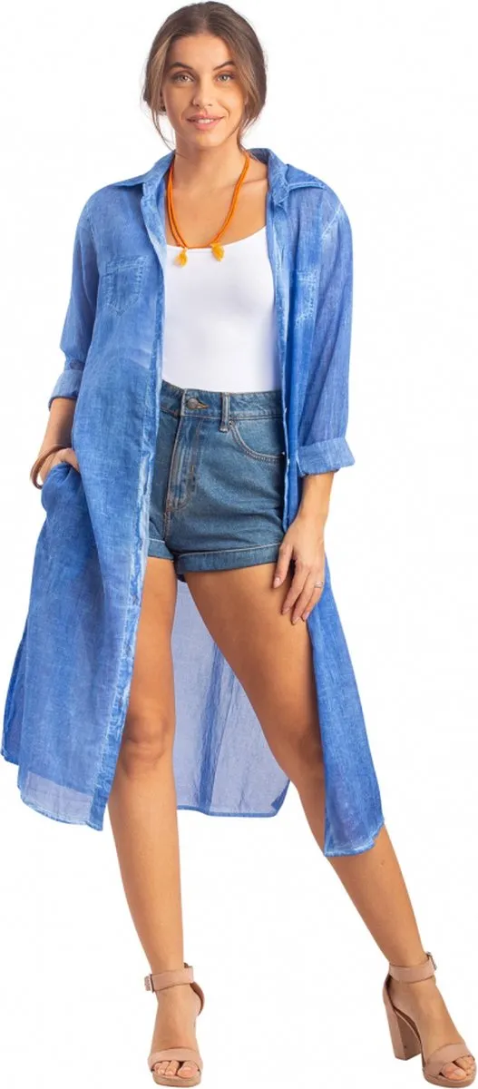 HappyPareo Lange shirtdress washed cobalt - gewassen blauw katoenen blousejurk