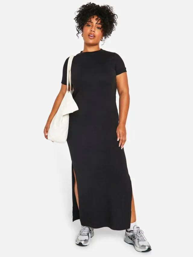 boohoo Dames Plus T-shirt Maxi Jurk Zwart