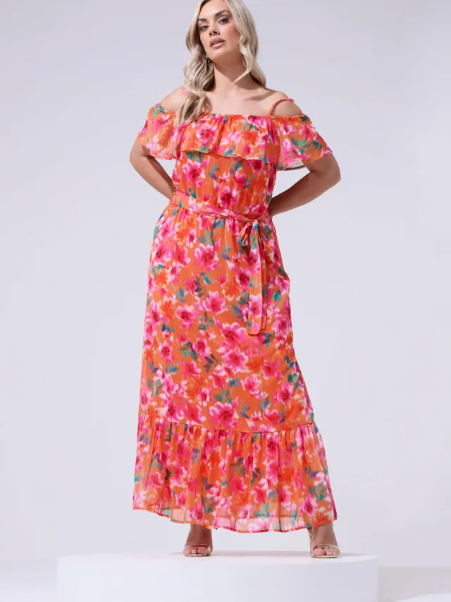 Yours London Oranje Bloemenjurk Met Blote Schouders Orange