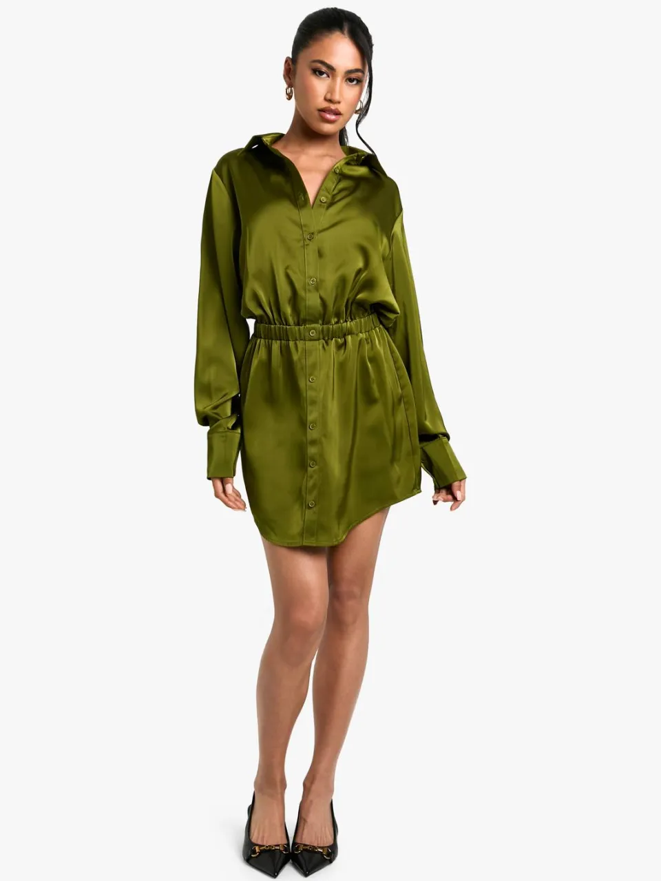 boohoo Dames Satijnen Overhemd Mini Jurk kaki, foto 2