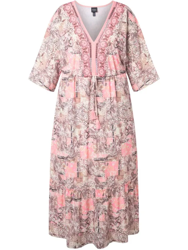 Ulla Popken Dames - Maxi-jurk V-hals 3/4-mouwen volantzoom - Zacht geel - Maat 46+