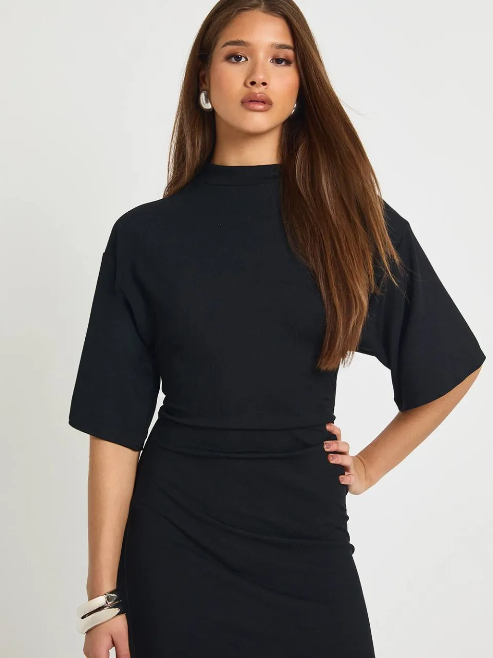 boohoo Dames Geribbde ingesnoerde mini-jurk zwart, foto 3