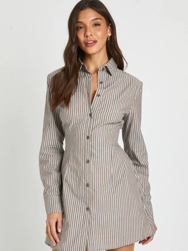 boohoo Dames Getailleerde Blousejurk Met Geaccentueerde Taille Chocoladebruin