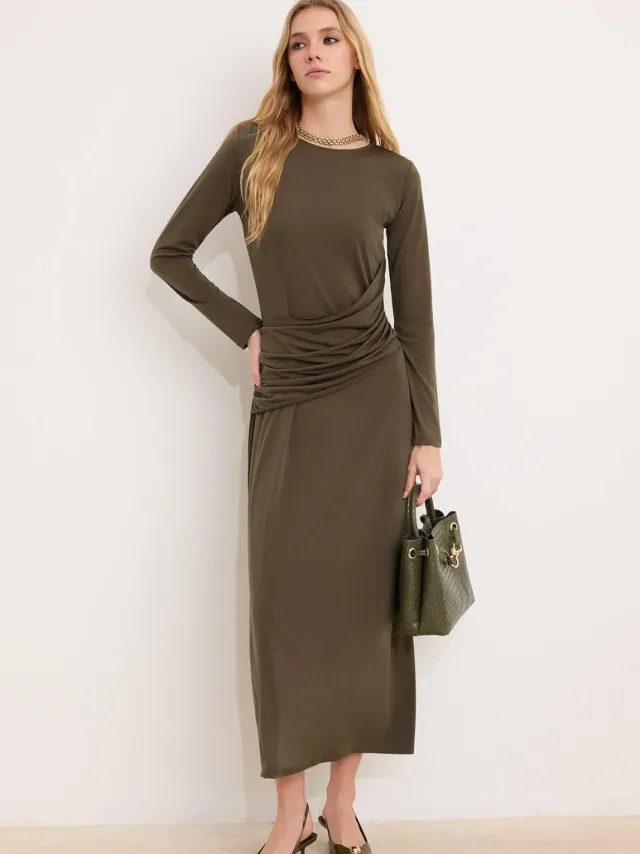 Turkishsouq Dames platte maxi lange chique/nacht bodycon hijab jurk Kaki