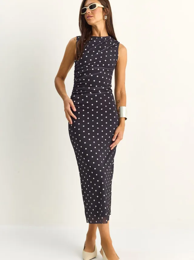 Bianco Lucci Gestippelde Bodycon Midi Jurk Zwart