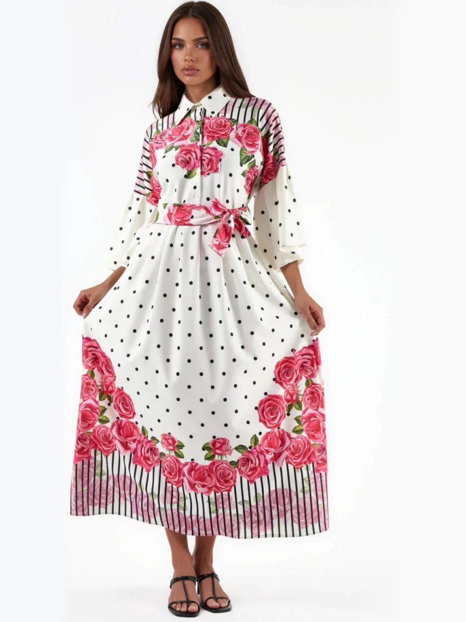 MSN Collection Bloemen Maxi Jurk met Hemdkraag en Knopen Sluiting gebroken wit, foto 2