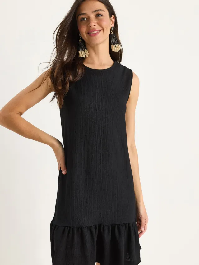 Bianco Lucci Textured Crepe Midi-jurk met Rimpeldetail Zwart