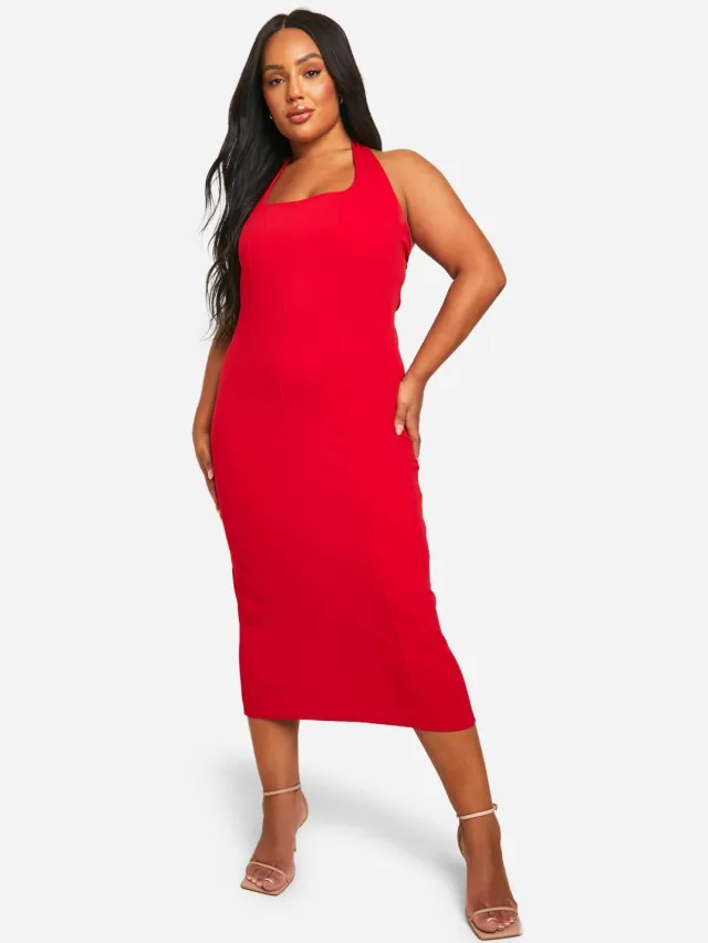 boohoo Dames Plus Halterneck Midi-jurk Rood