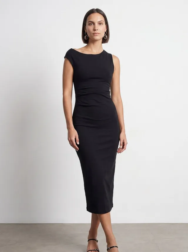 Dilvin Mouwloze Bodycon Midi Jurk Zwart