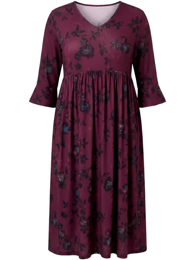 Ulla Popken Dames - Maxi-jurk bloemen A-lijn V-hals 3/4 mouwen - Donker wijnrood - Maat 50+