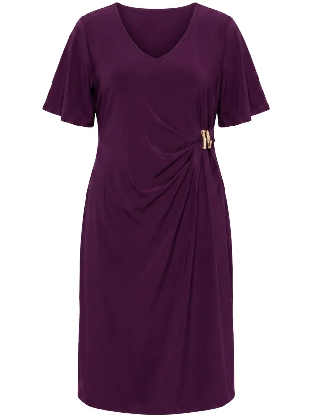 MIAMODA Dames - Jersey jurk slank model gedrapeerd met metalen gesp - Aubergine
