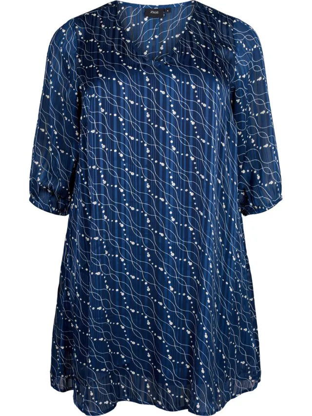 Zizzi MLUCY 3/4 ABK DRESS Dames Jurk - Blue - Maat M (46-48) Blauw