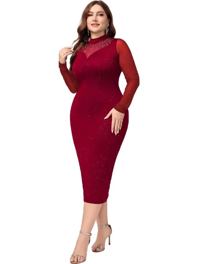 RedParrot Plussize Glitter jurk - Curvy - Jurk - Glimmend - Lange Mouw Rood