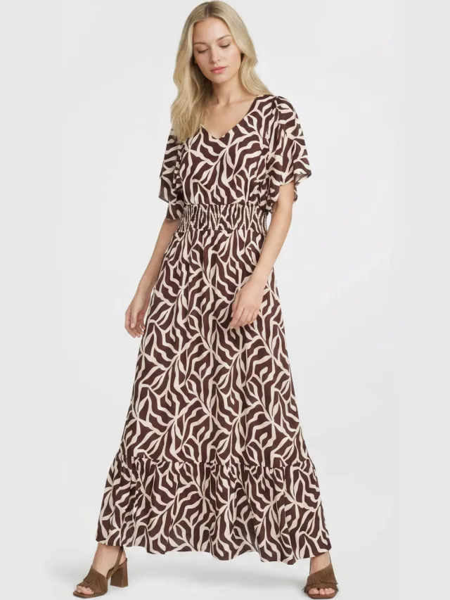 Geisha maxi jurk met print - donkerbruin Donkerbruin/ecru