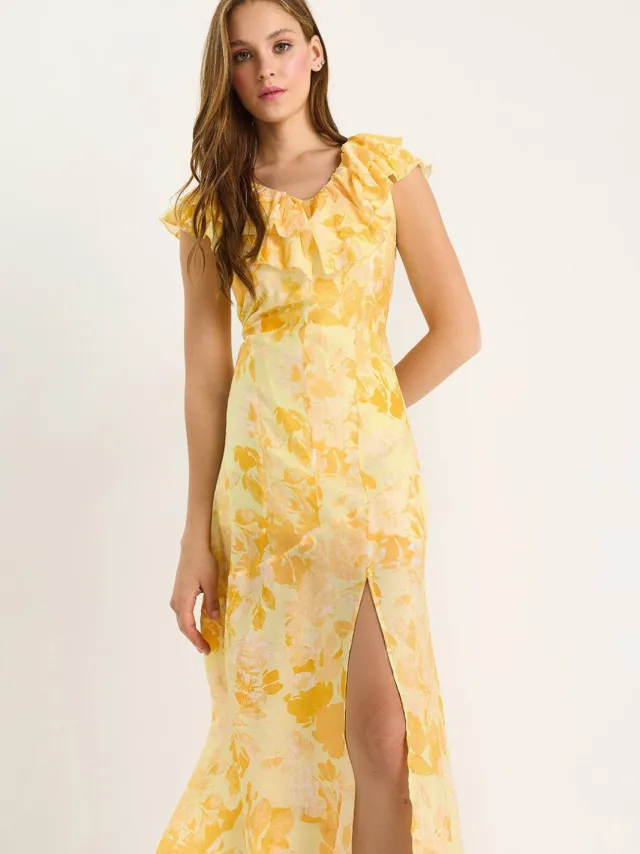Bianco Lucci Midi-jurk met Rimpel Detail Geel