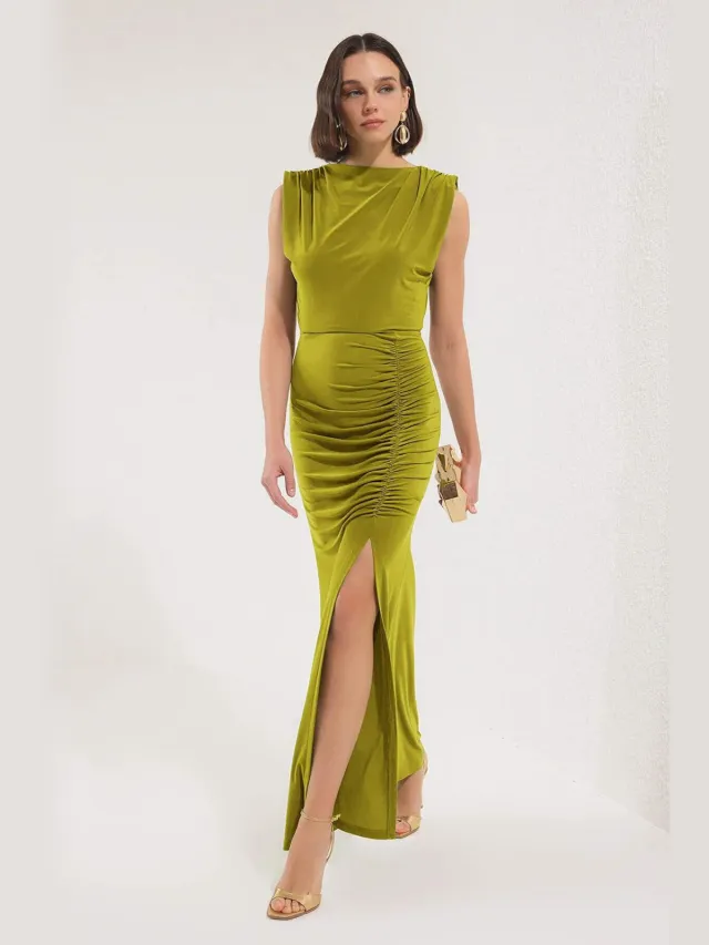 Trendyol TRENDYOLMİLLA Dames Groen Effen Maxi Mouwloos Diploma-uitreiking / Gala Recht Avond & Gala Jurk