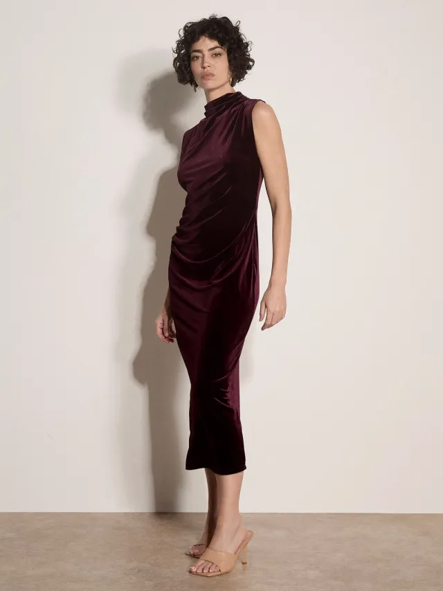 Apricot Figuurnauwsluitende midaxi-jurk van fluweel Burgundy
