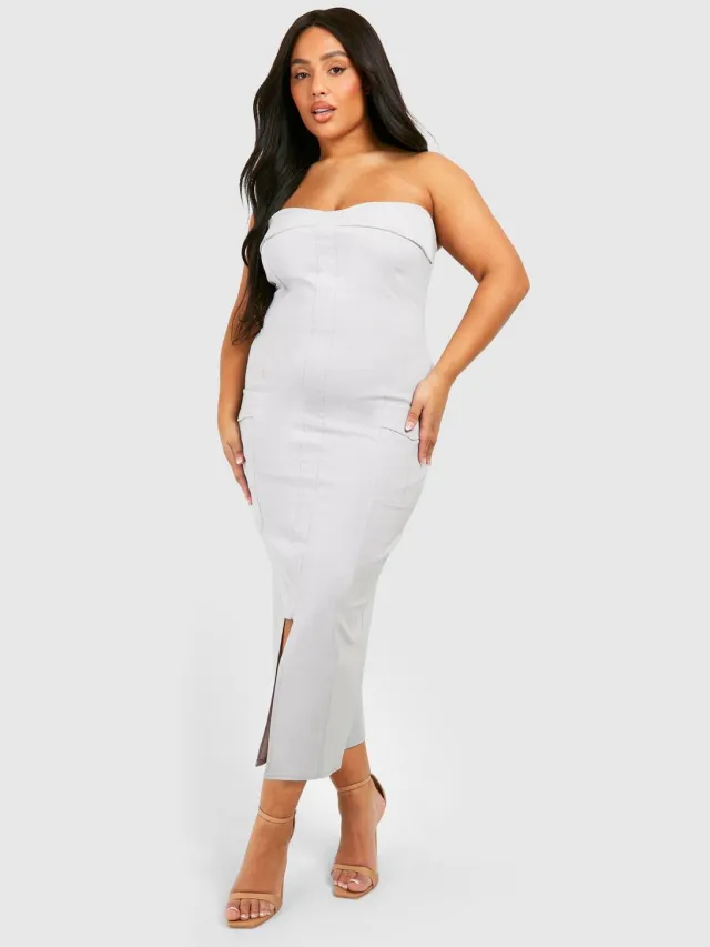 boohoo Dames Plus Bengaline Bandeau Utility Midaxi Jurk Ijsgrijs