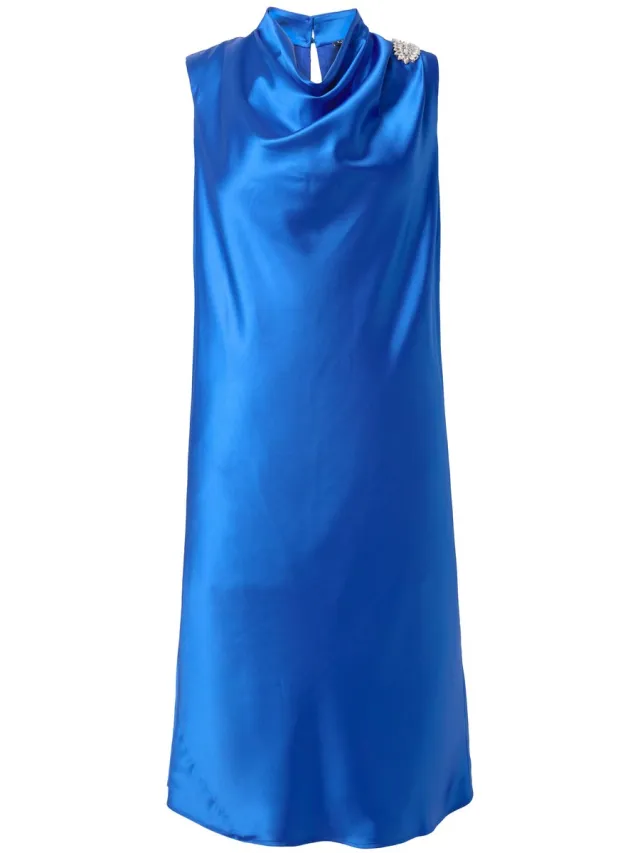 Ulla Popken Dames - Midi-jurk van satijn siersteentjes opstaande kraag - Blauw