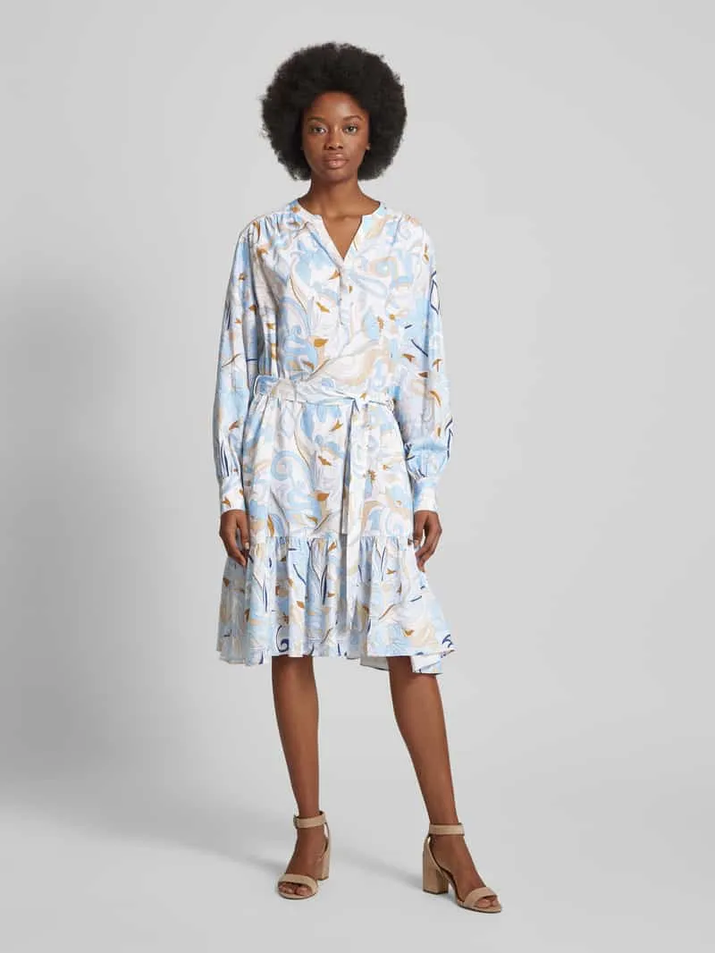 HERZENS Knie-lange jurk van mix van linnen en viscose Blauw