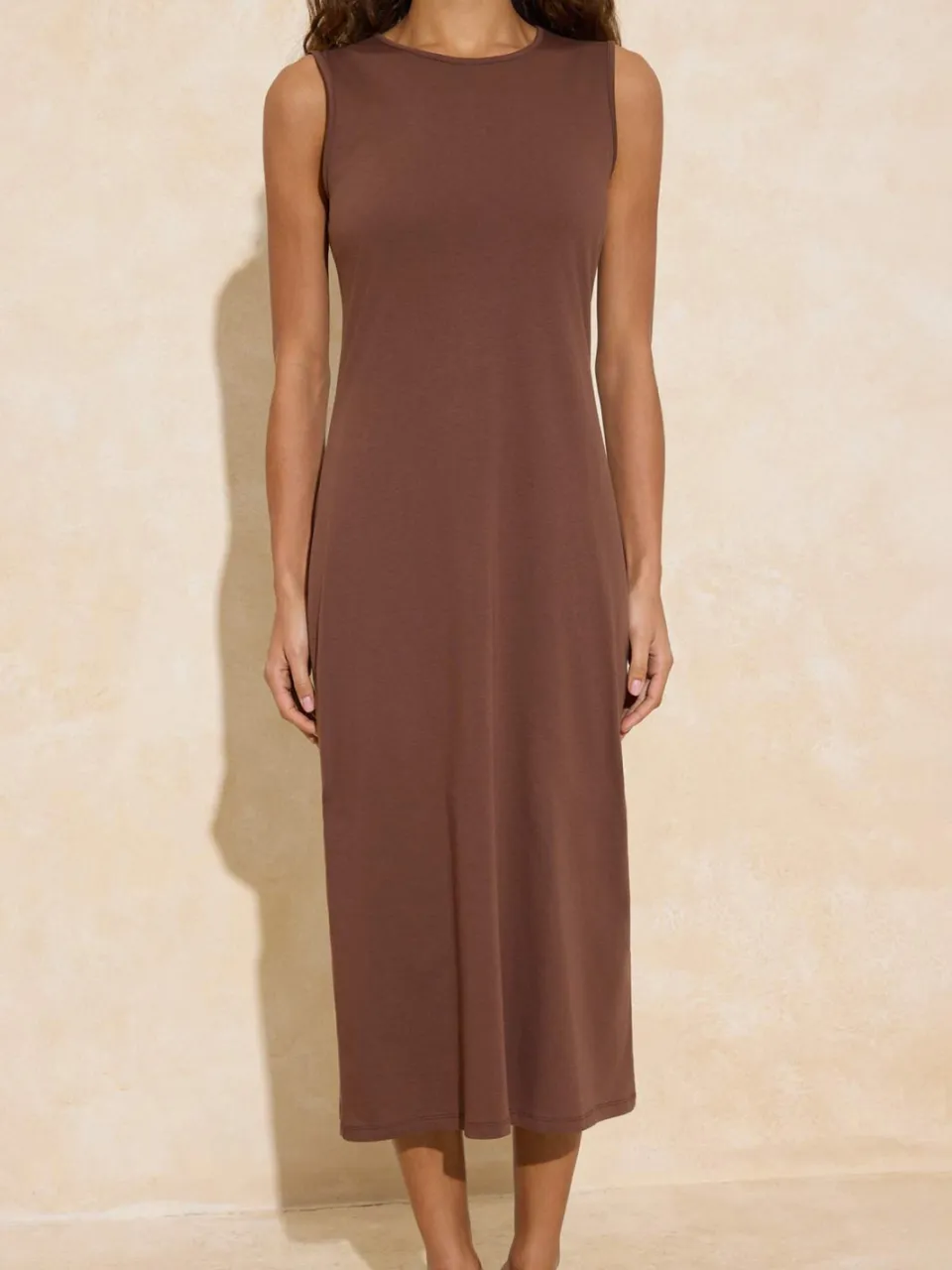 Trendyol Modest Dames Bruin Effen Midi Mouwloos Casual Recht Modest Jurken, foto 2