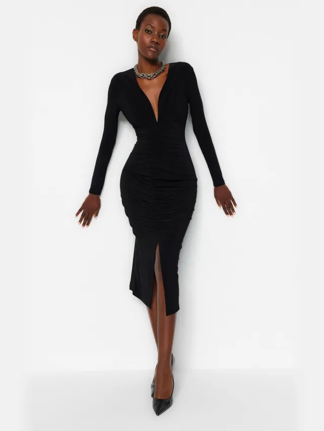 Trendyol TRENDYOLMİLLA Dames Zwart Effen Midi Lang Avond / Dagelijks Bodycon Jurken