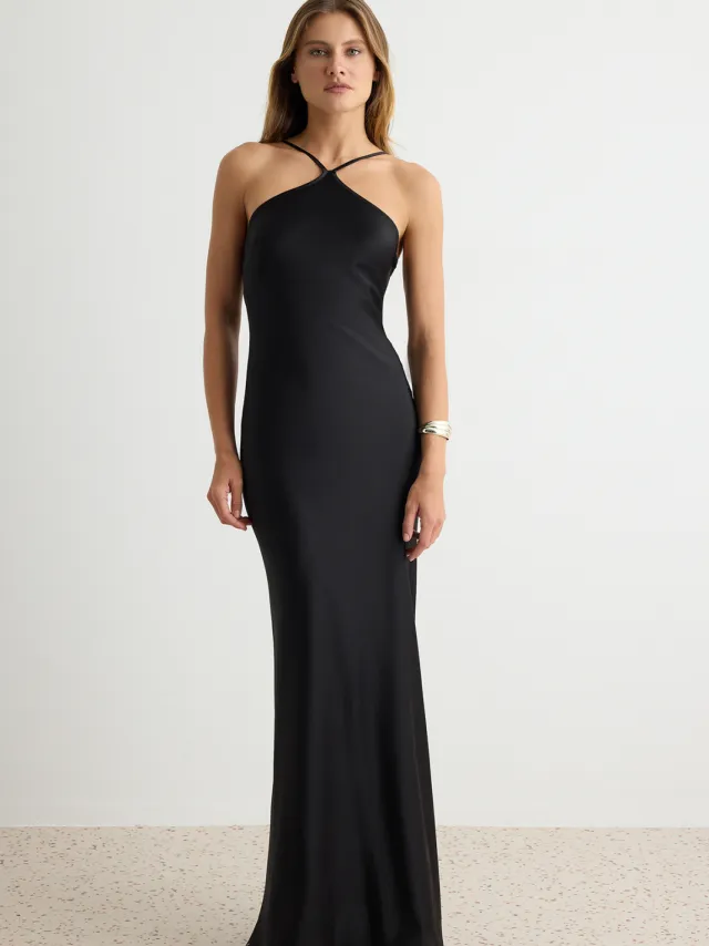 Trendyol TRENDYOLMİLLA Dames Effen Maxi Mouwloos Recht Avond & Gala Jurk Zwart