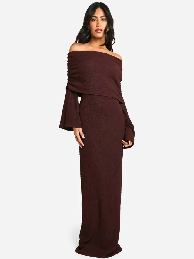 boohoo Dames Textuurvolle nonchalante Bardot maxi-jurk Chocoladebruin