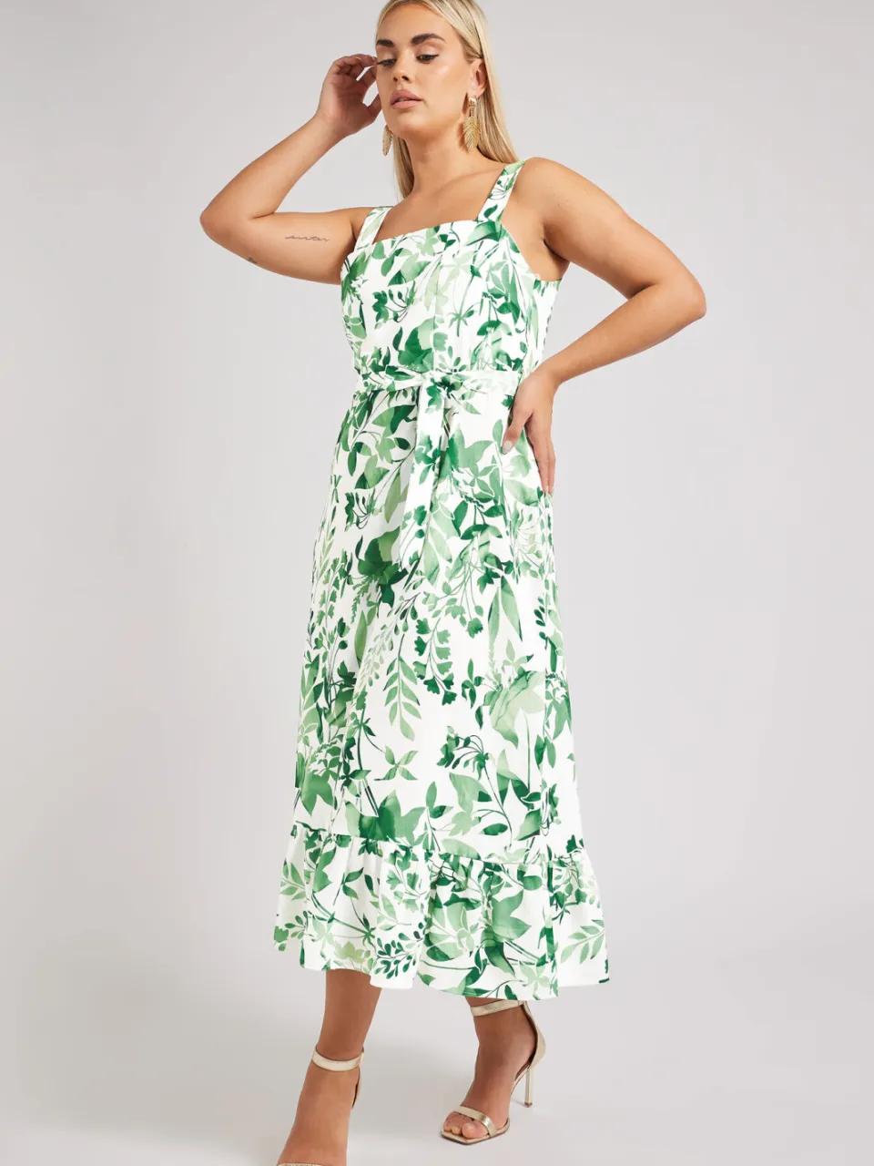 Yours London Midaxi Jurk Zonder Mouwen Met Bladerprint In Wit/Groen, foto 3