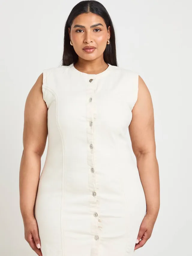 boohoo Dames Plus Denim Mini-jurk Met Naaddetail En Knoopsluiting Ecru