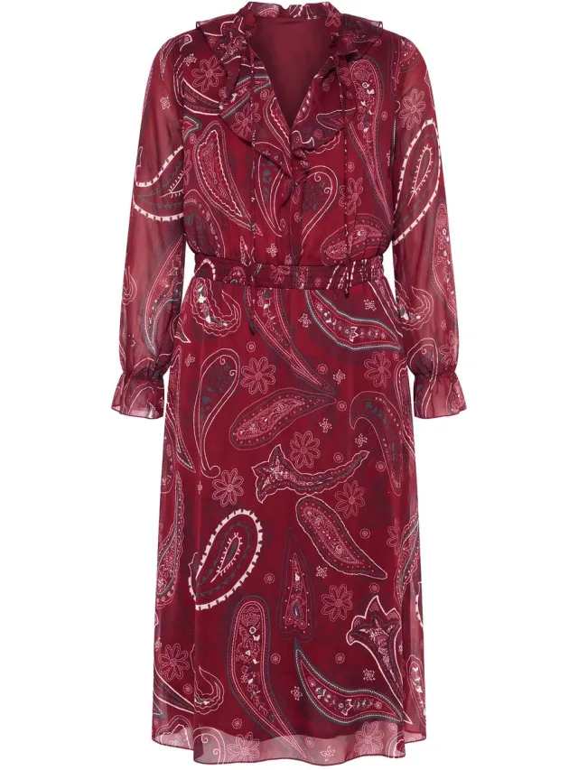 Studio Untold Dames - Midi-jurk A-lijn chiffon paisleyprint - Wijnrood - Maat 46+