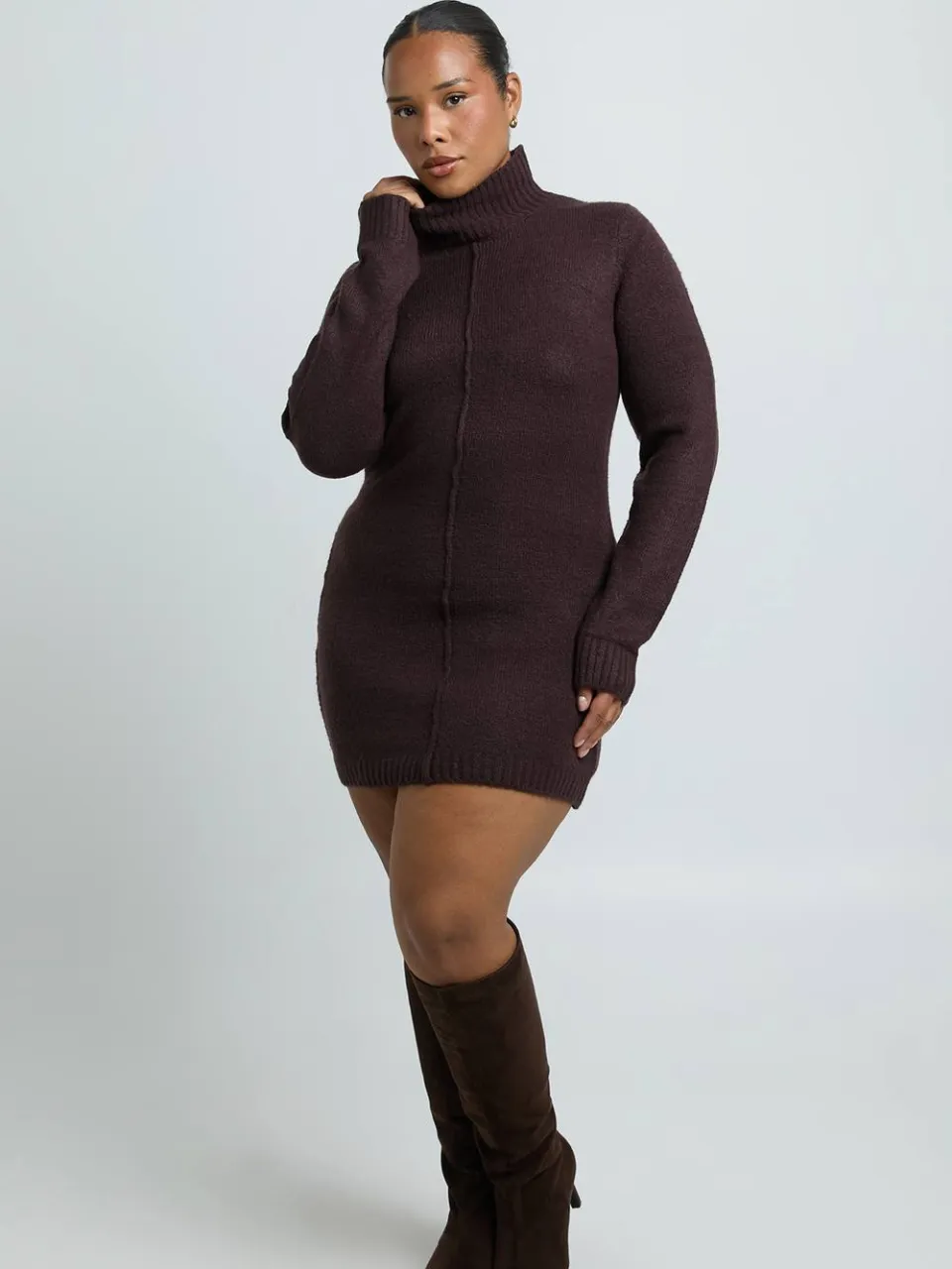 boohoo Dames Plus Hoogsluitende Gebreide Mini Trui-jurk Met Naaddetail chocoladebruin, foto 2