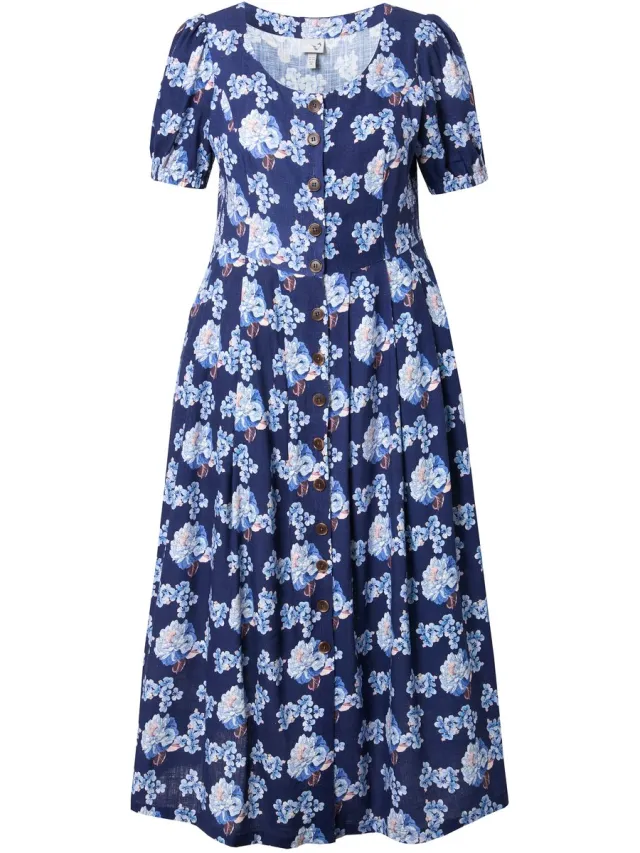Ulla Popken Dames - Maxi-jurk van een linnenmix ronde hals halve mouwen zakken - Marine - Maat 46+