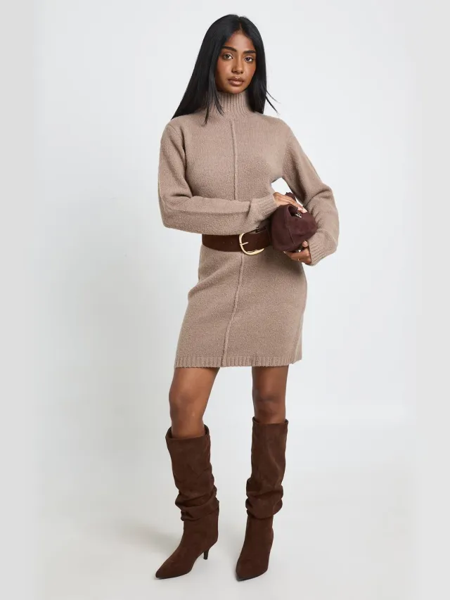 boohoo Dames Gebreide Mini Trui-jurk Met Hoge Hals En Naaddetail Taupe