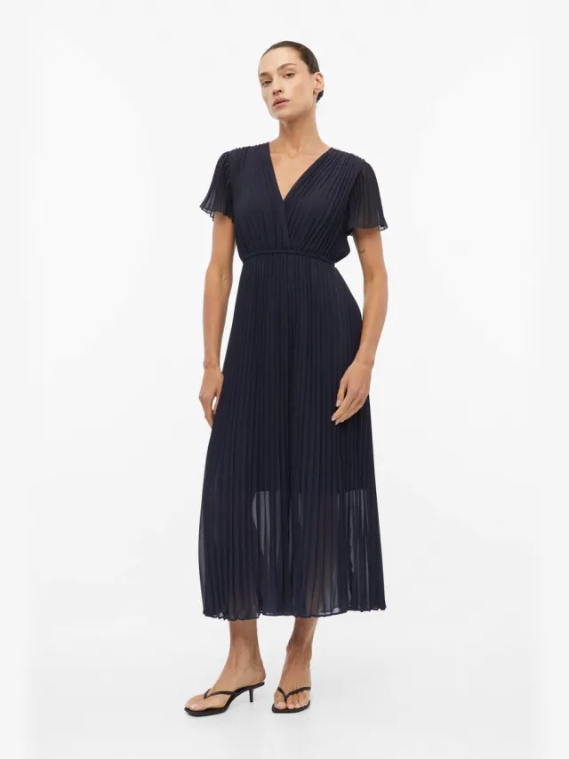 Comma female - Plooi jurk in midi lengte navy