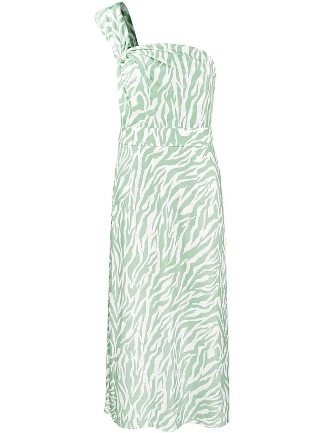 YW YEHWANG YWG - Polyester Vrouwen Maxi Jurk Een-Schouder Zebra Print - Groen