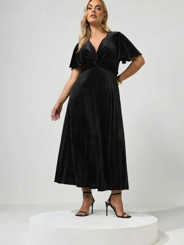 Yours London Zwarte Fluwelen Jurk Met Knoop Aan De Voorkant Black