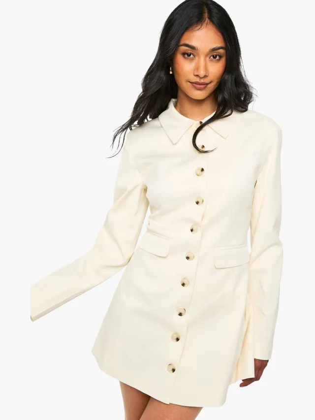 boohoo Dames Getailleerde Doorknoop Shirt Blazer Jurk Crème