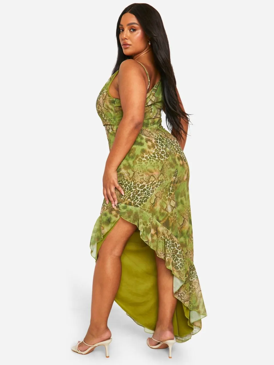 boohoo Dames Plus Snake Print Ruffle Maxi Jurk groente, foto 2