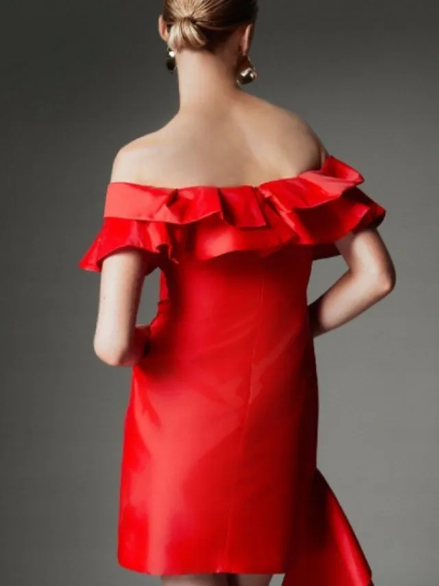 Karen Millen Mini Jurk - Rood - Met Falbana - Off-Shoulder
