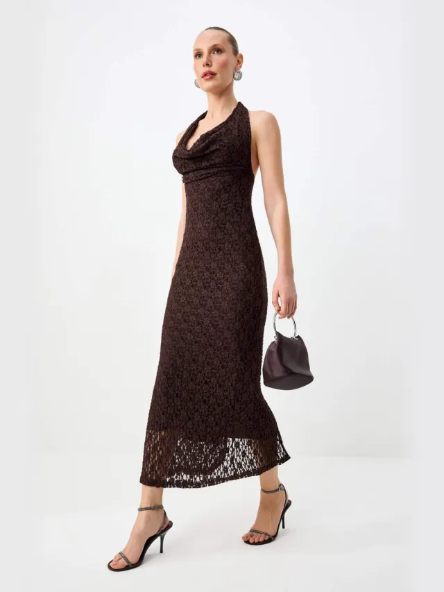 Trendyol TRENDYOLMİLLA Dames Bruin Effen Maxi Mouwloos Recht Avond & Gala Jurk