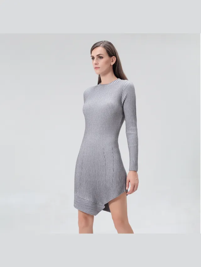 Smart & Joy Asymmetrische korte jurk in geribbelde breier Grijs
