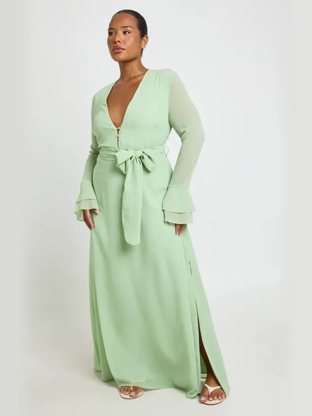 boohoo Dames Maxi Jurk Met Knoopdetail En Ruches Aan De Mouwen Verstandig